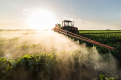 Farmer driving a tractor spraying fertilizer in a field of crops.
