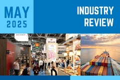 Image May 2025 review showing trade show floor and a cargo ship on the ocean.