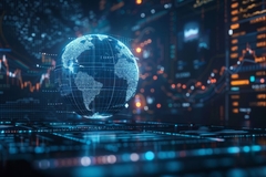 Image A digital representation of the Earth surrounded by data visuals and graphs in a futuristic financial setting at night