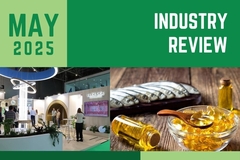 Image Green graphic with a picture of small fish on a wooden plank and omega 3 capsules, a seperate pic of Vitafoods Europe show room, and the words May Industry Review.
