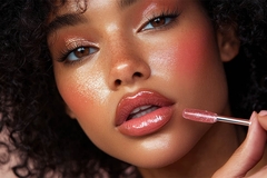 Image Woman applying lip gloss.
