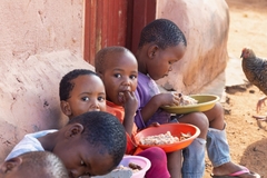 Image Group of African children in a yard eating food from bowls.