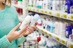 A woman holding two deodorants in a store.