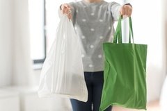 Image A person holding a fabric bag and a plastic bag