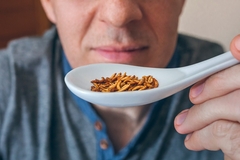 a man holding a spoonful of worms