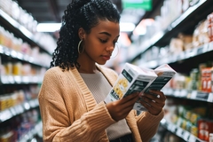 Girl looking at greenwashing label