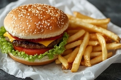 A burger and fries on paper