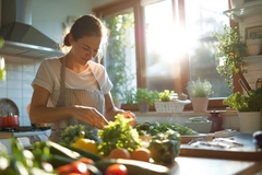 Image Young Woman Preparing Healthy Salad with Fresh Vegetables in Bright Kitchen