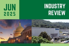 Industry review slider with June Industry Review in white letters on a green background over a the US congressional building and Bioberica's factory in Spain.