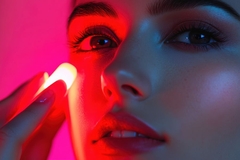 Image A girl holding a red light to her eye.