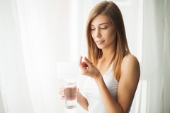 A woman prepares to take a capsule in front of a window.