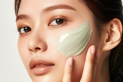 Image A Korean woman with a smear of green lotion on her cheek.