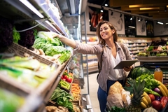 Brunette woman enjoys shopping food at supermarket