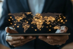 Image business man holding tablet emphazising global business expansion