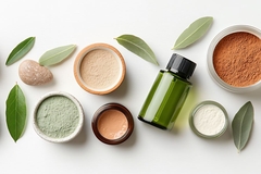 Natural cosmetics displayed on table