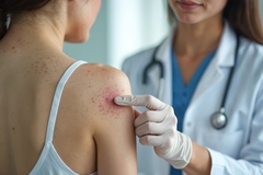 Image doctor examining young female patient for skin health
