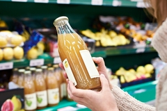 A consumer inspecting a bottled juice.