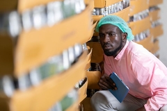 An African man inspects foods at an industrial plant.