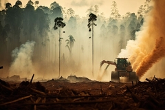 Image tractor on field cutting down trees deforestation