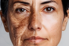 woman with half of face aged with freckles and wrinkles
