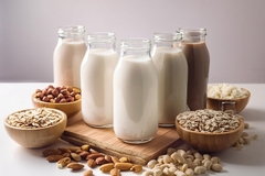 Image different plant-based milks on a table surrounded by bowls of nuts, oats, rice, and coconuts.