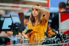 stressed woman paying groceries