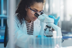 Image Scientist Looking Under Microscope Does Analysis of Test Sample