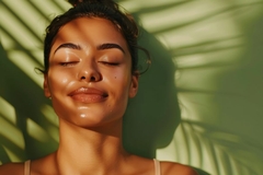 Image A girl smiling in front of a green background with her eyes closed.