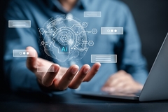 Image a man's hand with artifical intelligence images above his palm