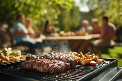 Image Group of people having barbecue party in the backyard, friends and family enjoying the food and company outdoors