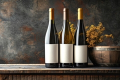 Wine bottles with white labels.