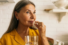 Image An older woman taking a pill.