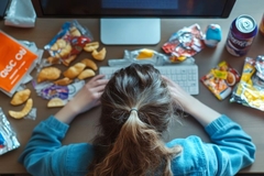 Image woman on computer surround by food packaing mess