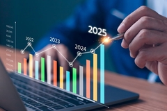 Image A person tracks financial on a virtual bar graph that extends from 2020 to 2025.