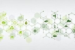 Image Abstract illustration of sustainability and climate change concepts with green hexagonal icons representing renewable energy, CO2 reduction, recycling, and eco-friendly industry.