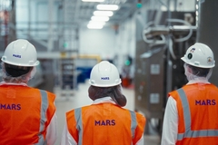 Image three workers inside food factory wearing orange jackets