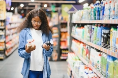 woman looks at label