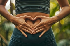 Image woman with healthy gut holding hands shaped as heart over stomach