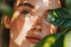 Image A girls face in between leaves.