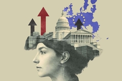 Image collage with woman and shipping containers, washington building on head