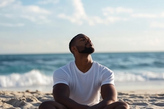 Image Male athlete meditating on the beach