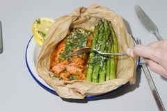 Image plant based salmon dish and fork