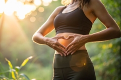 Image woman hands making heart shape on her stomach