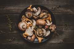 Image Variety of mushrooms in a pan.