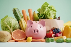 Image Piggy bank and food grocery items