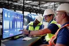Image workers looking at screen in factory
