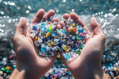 Image hands holding plastic microbeads over ocean as symbol of pollution