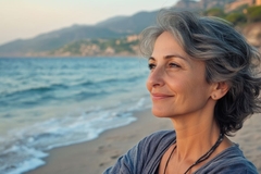 Image happy older woman sits on beach and looks at ocean