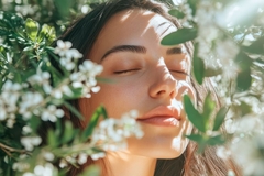 A girl with her face surrounded by leaves.