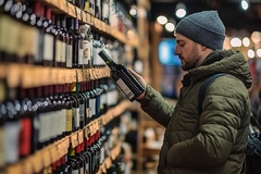Image a man in a jacket and cap looking at a wine bottle inside supermarket